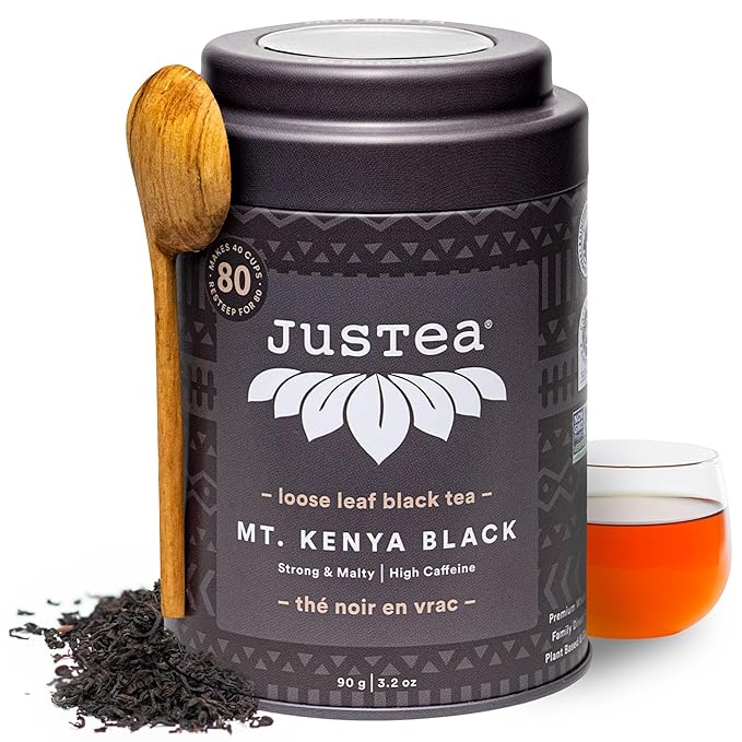 JusTea MT. KENYA BLACK | Loose Leaf Black Tea | Tin with Hand Carved Tea Spoon | 40+ Cups (3.2oz) | High Caffeine | Award-Winning | Fair Trade | Non-GMO - Bloomnest