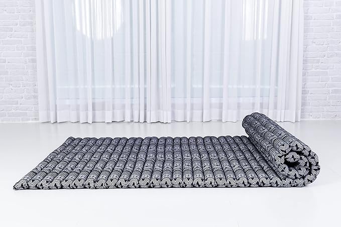 Leewadee - Kapok Roll Mat – Handcrafted Folding Sleep & Relaxation Mattress from Thailand, Ideal as Guest Bed, Camping Mat, Yoga Mat or Traditional Futon, 75 x 39 inches, Black White - Bloomnest