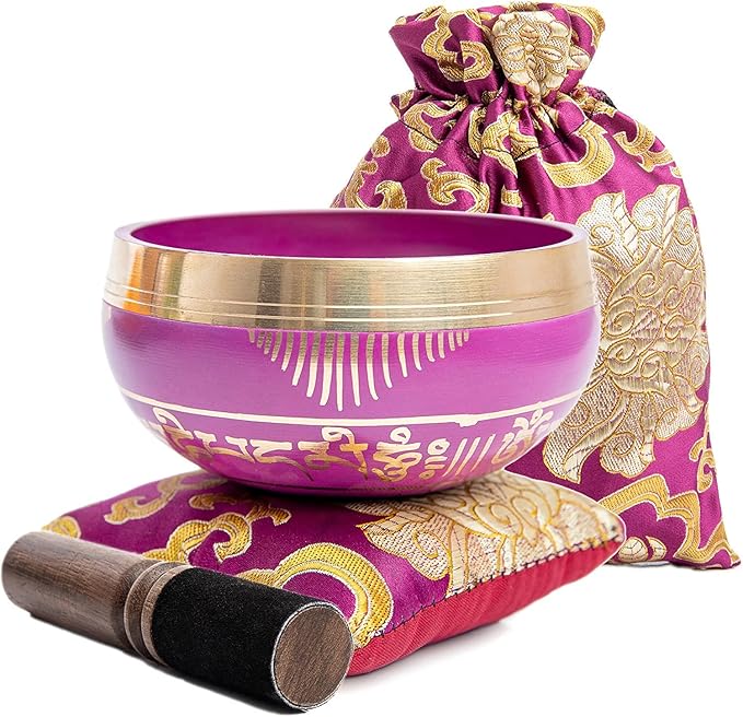 Tibetan Singing Bowl Set - Easy To Play for Beginners - Authentic Handcrafted Mindfulness Meditation Holistic Sound 7 Chakra Healing Gift by Himalayan Bazaar (Orchid) - Bloomnest