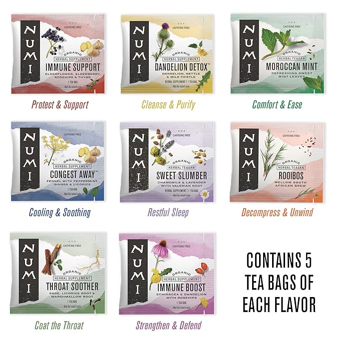 Numi Organic Tea Self-Care Sampler, Herbal Tea Gift Set, 40 Tea Bags Assortment - Bloomnest
