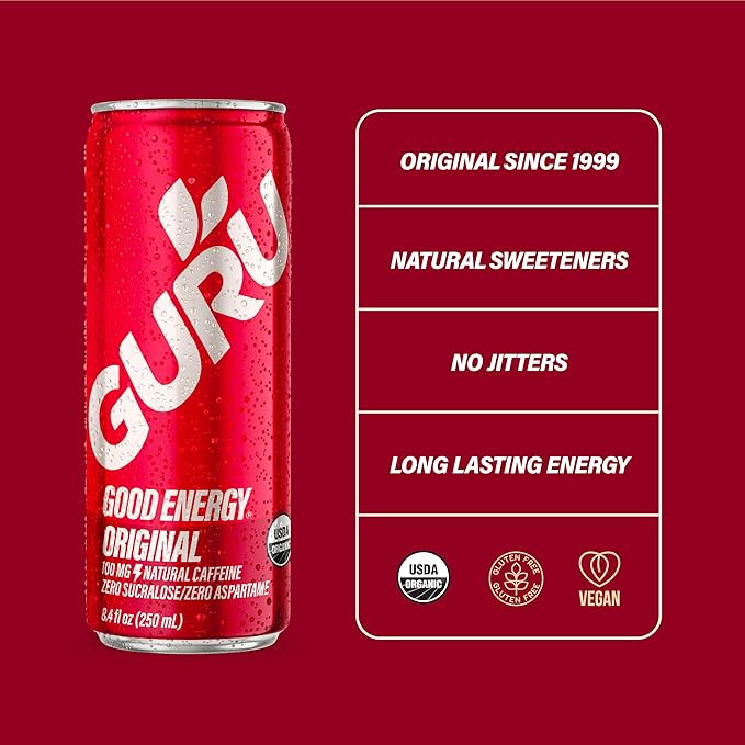GURU Original Organic Energy Drinks, Clean Energy Drink with Plant Based Natural Caffeine from Green Tea, Gluten Free and Vegan, 100MG Caffeine, Healthy Drinks, 8.4oz (Pack of 24) - Bloomnest