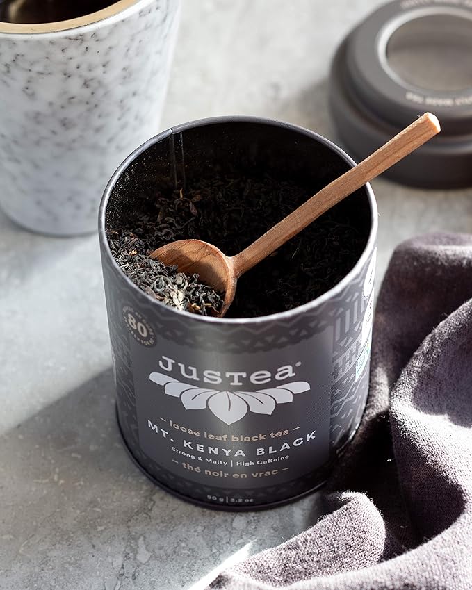 JusTea MT. KENYA BLACK | Loose Leaf Black Tea | Tin with Hand Carved Tea Spoon | 40+ Cups (3.2oz) | High Caffeine | Award-Winning | Fair Trade | Non-GMO - Bloomnest