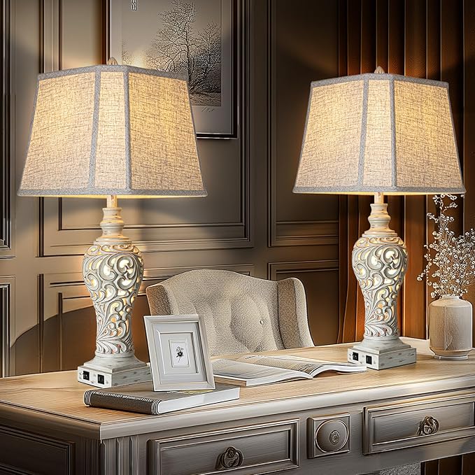 32" Tall Table Lamps Set of 2 - Bedside Lamp with Fabric Shades - for Bedroom and Living Room with USB and Nightlight - Perfect for Nightstands and Bedrooms - Bulbs Included - Bloomnest