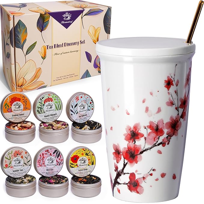 Harmoleaf Tea Gift Set for Women - 6 Herbal Loose Leaf Tea Blends, Insulated Ceramic Cup with Infuser & Lid | Birthday, Mother's Day, Anniversary & Retirement Gift for Her - Bloomnest