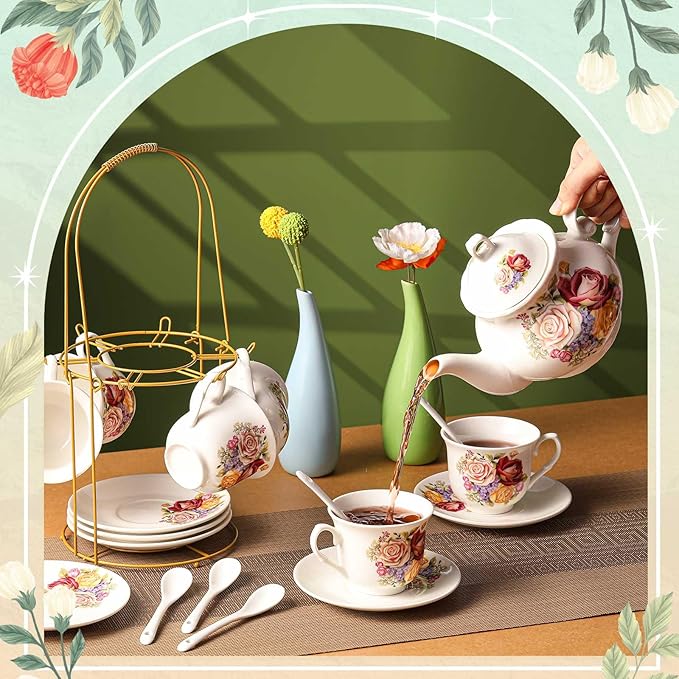 Zhehao 20 Pcs Porcelain Tea Set with Metal Holder and Spoon Adult Ceramic Tea Set European Flower Painting Teapot Cup Saucer Spoon for Women, Large Version(Styleish Style) - Bloomnest