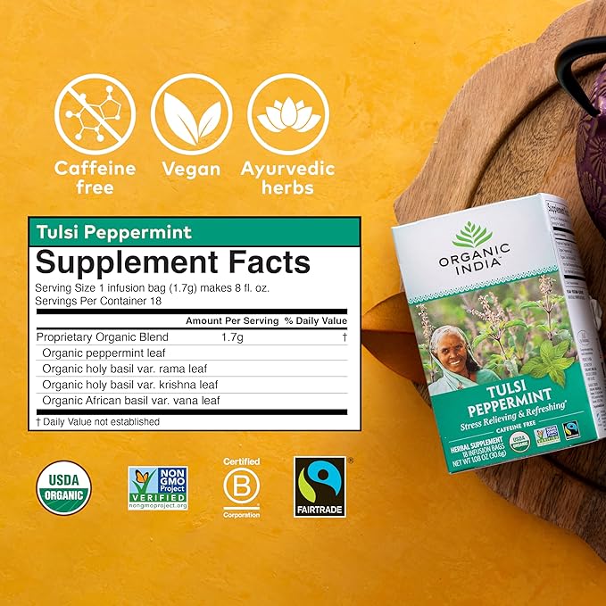 ORGANIC INDIA Tulsi Peppermint Tea - Caffeine Free Herbal Mint Tea - Stress Relieving Holy Basil, Immune & Digestion Support, Vegan, USDA Certified Organic, Fairtrade - 18 Infusion Bags, 3 Pack - Bloomnest