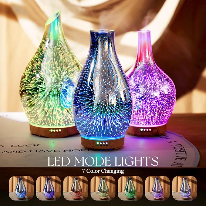 Porseme Essential Oil Diffuser 3D Glass Aromatherapy Ultrasonic Humidifier Cool Mist, Auto Shut-Off, Timer Setting, BPA Free for Home Office Hotel Yoga Gym Leisure SPA Gift 100ml Porseme