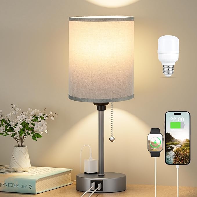 Small Bedside Table lamp for Bedroom - 3 Color Temperatures Bedside Lamps with USB Ports for Housewarming, Pull Chain Table Lamps with AC Outlet, Nightstand Lamps for Kids Reading - Bloomnest