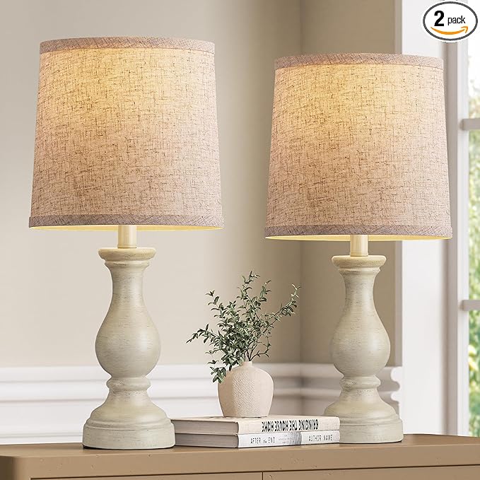Seealle Farmhouse Table Lamps Set of 2 - Rustic Lamp for Bedroom Living Room, 22" Boho Bedside Lamps for Night Stands End Table Office Desk Lamp Nightstand Clearance with Linen Shades(Antique White) - Bloomnest