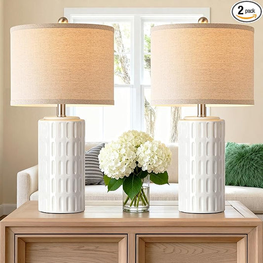 PARTPHONER 23" Farmhouse Modern Ceramic Table Lamp Set of 2 - White Bedside Lamps for Bedroom & Living Room, Nightstand, Desk, End Table - Bloomnest