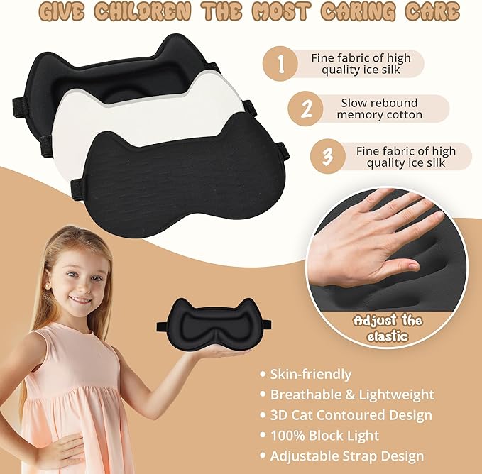Kids Sleep Mask Eye Mask: 3D Contoured Cup Sleeping Masks, Blindfold with Adjustable Strap, Kids Eye Cover for Boys, Girls, Teens, Pressure-Free with Memory Foam Face Mask for Sleeping (Black) - Bloomnest