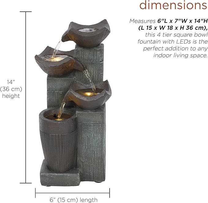 Alpine Corporation TZL414 14" 4 Tier Squared Bowls Fountain with LED Lights, Elegant Tabletop Water Feature for Home, Office, Living Room, Bedroom & Desk Decor, Gray - Bloomnest