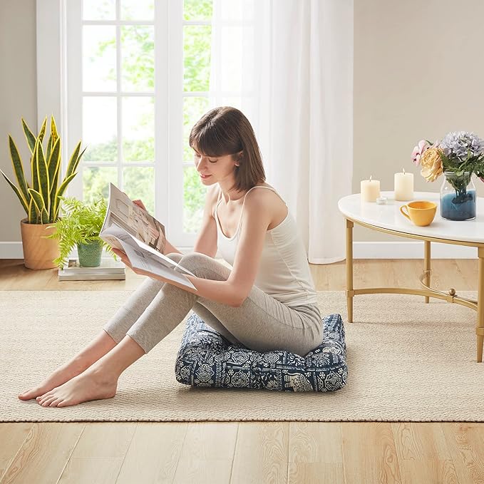 Meditation Floor Pillow Set of 2, Large Pillows Seating for Adults and Kids, Bohemian Cushion for Fireplace Yoga Living Room Sitting, Memory Foam Added, 22x22 Inch Indigo Elephant - Bloomnest