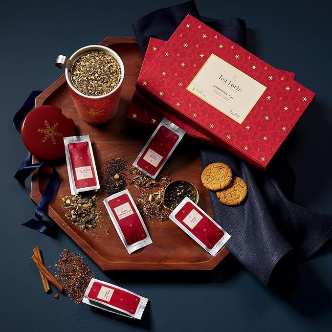 Tea Forte Warming Joy Hoilday Premium Single Steeps Loose Leaf Tea Gift Set Sampler, 15 Count 3 of Each Assorted Blends, Pre-Portioned Single Serve Pouches, Steeps 12 oz - Bloomnest