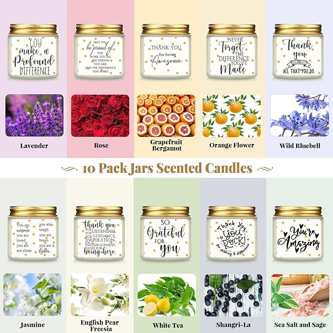 Roowest 10 Jars Thank You Gift Candles 3.5 oz Employee Appreciation Gifts Bulk Soy Wax Jar Inspirational Candle Thank You for Coworkers Employee Women Teacher Volunteers(White,Polka Dot Style) - Bloomnest