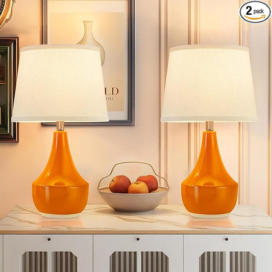 GyroVu Table Lamp Set of 2, Ceramic Table Lamp Classic Beside Lamps Nightstand Lamp Modern Table Lamp for Living Room, Bedroom & Office Rocker Swtich Orange-LED Bulbs Included - Bloomnest