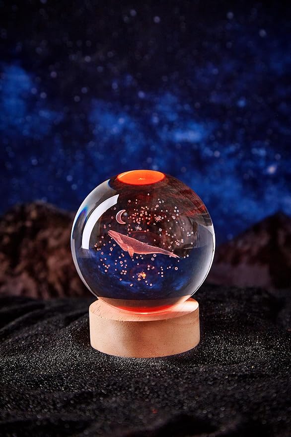 3D Large Whale Crystal Ball Night Light with Wooden Base, Underwater World Crystal Lamp Gift for Kids Wife Friends, 16 Color Changing with Remote Control, 3.15 inch Glass Ball Lamp (Whale) - Bloomnest