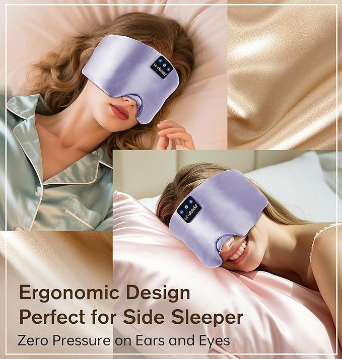LC-dolida Luxurious Silk Soft Sleep Mask, Sleep Headphones with Bluetooth 5.4 for Side Sleeper, Total Blackout Eye Sleeping Mask for Women and Men, Ideal Gift for Restful Sleep, Travel(Light Purple) - Bloomnest