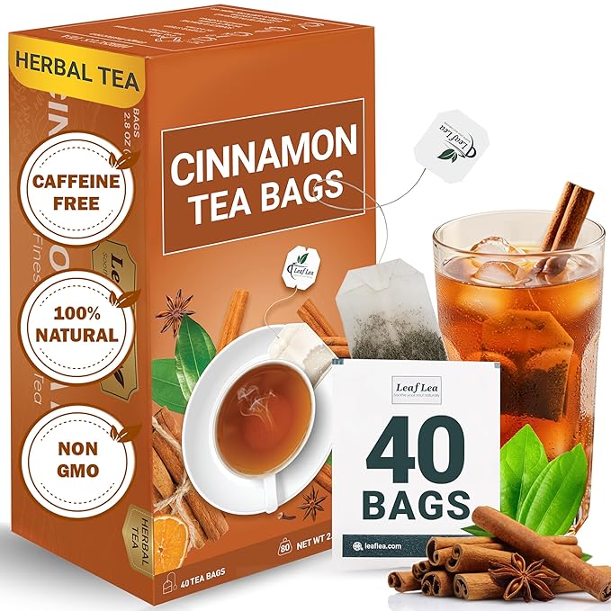 LeafLea 40 Cinnamon Tea Bags, 100% Natural Ground Cinnamon Stick Herbal Tea, Spiced and Warming Flavor for Relaxation, Caffeine-Free, Sugar-Free, Non-GMO, Vegan - Bloomnest