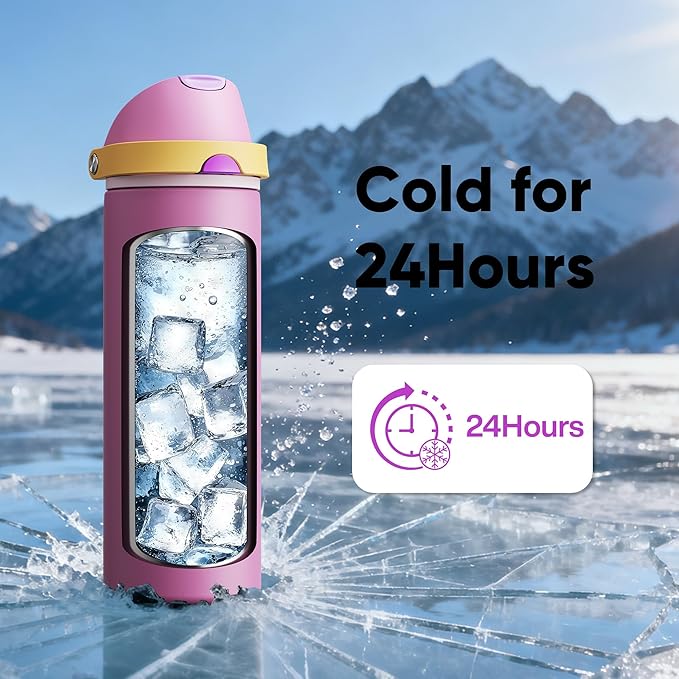 Insulated Water Bottle with Straw - Encool Stainless Steel Water Bottle with Push Button Lid, Leak-Proof & BPA-Free, Keeps Cold for 24 Hours for Sports, Travel, Gym (24 oz, Light Orchid-Fuchsia) ENCOOL