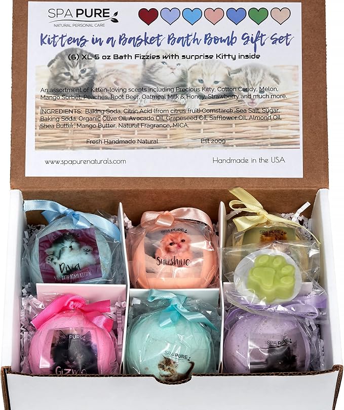 Spa Pure Kittens in Basket: 6 Adorable Kittens Hiding Inside Each Colorful Bath Bomb, XL 5 oz Each (6 Count) Pack of 1, Multicolor - Bloomnest