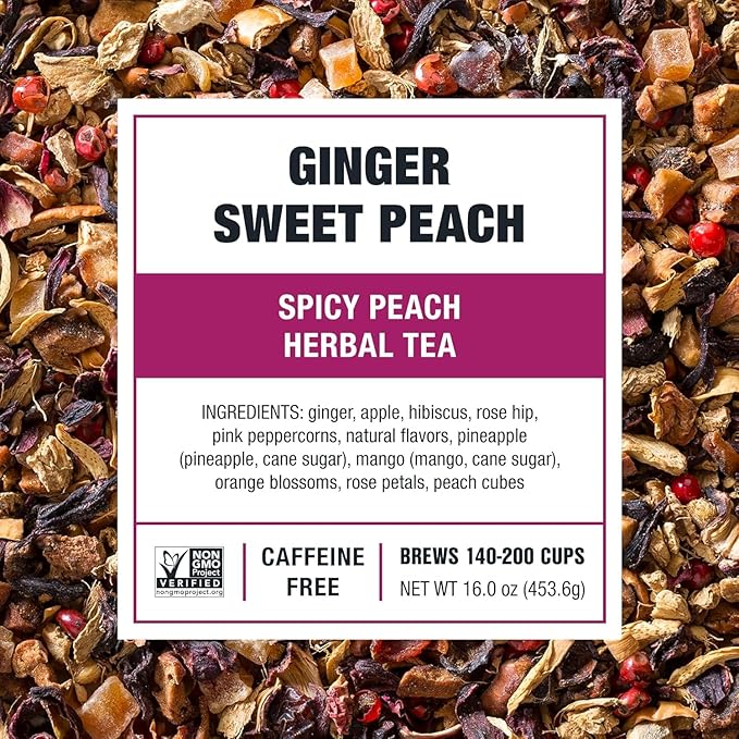 Tiesta Tea - Ginger Sweet Peach, Spicy Peach Herbal Tea, Tranquility Blend, Loose Leaf, Non-Caffeinated Hibiscus & Cane Sugar, Brews Up to 200 Cups, 16oz Bulk Pouch - Bloomnest