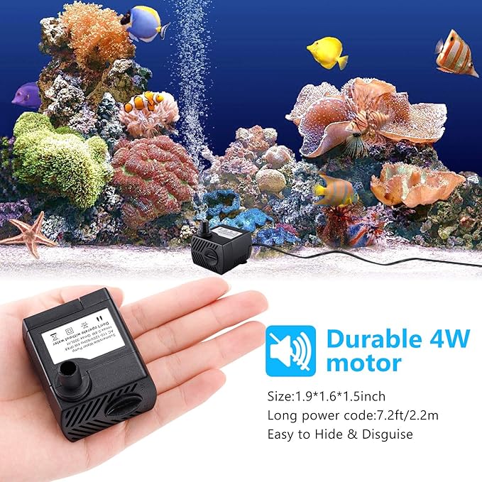 Fountain Pump, 80GPH(4W 300L/H) Submersible Water Pump, Durable Outdoor Fountain Water Pump with 4.9ft Tubing (ID x 1/3-Inch), 3 Nozzles for Aquarium, Pond, Fish Tank, Water Pump Hydroponics - Bloomnest