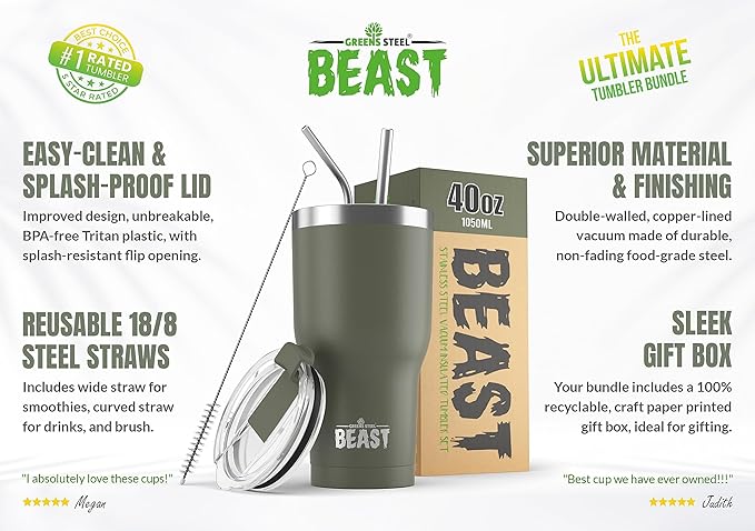 Beast 40 oz Tumbler Stainless Steel Vacuum Insulated Coffee Ice Cup Double Wall Travel Flask (Army Green) - Bloomnest