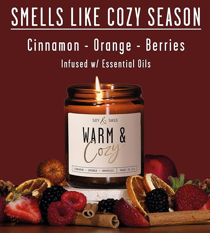 Christmas Candles, Fall Candles, Warm and Cozy' Soy Candle I Berries, Apple & Cinnamon I Infused w/Essential Oils I Warm n Cozy Home Decor I Winter and Holiday Candle I 50Hr Burn I USA Made - Bloomnest