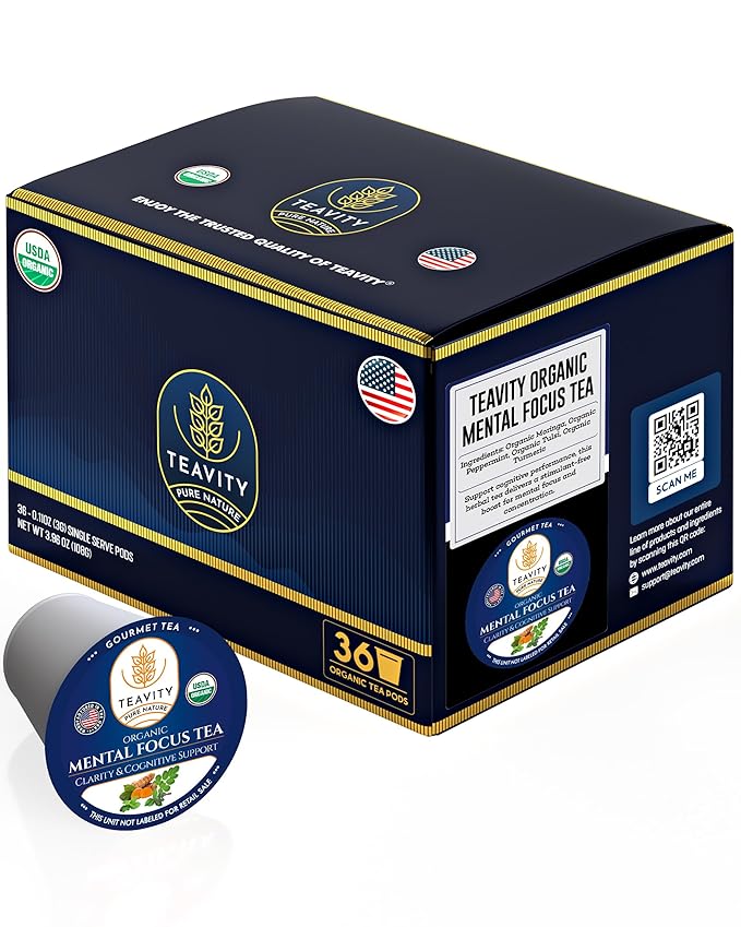 Organic Tea Pods with Moringa, Peppermint, Holy Basil & Turmeric - Naturally Decaf Tea - Mental Focus by Teavity (36) - Bloomnest