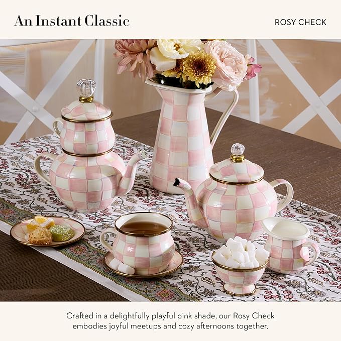 MACKENZIE-CHILDS Enamel Teapot, Cute Small Teapot with Lid, 4-Cup Capacity, Pink-and-White Rosy Check - Bloomnest