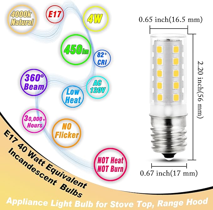 E17 Intermediate Base LED Appliance Light Bulb Over Stove 4 Watt Equivalent 40 Watt 4000K Natural White for Chandelier Ceiling Fan Microwave Range Hood Light Bulbs,Non-Dimmable,450lm,5pack - Bloomnest
