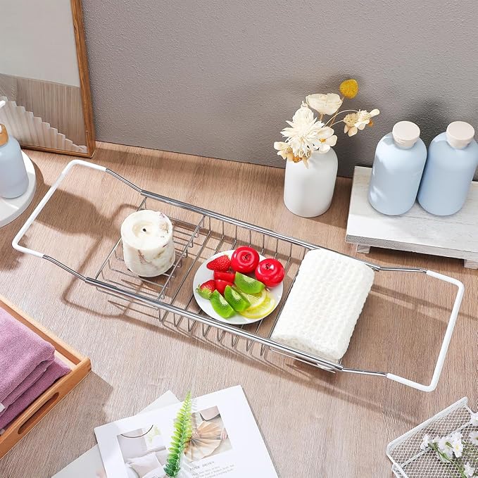 Cabilock Bathtub Tray - Stainless Steel Bathtub Caddy, Expandable Extra Wide Bath Tub Organizer, Rust-Resistant Over The Tub Shelf Rack with Non-Slip Grips for Phone Book Wine Glass, Silver - Bloomnest