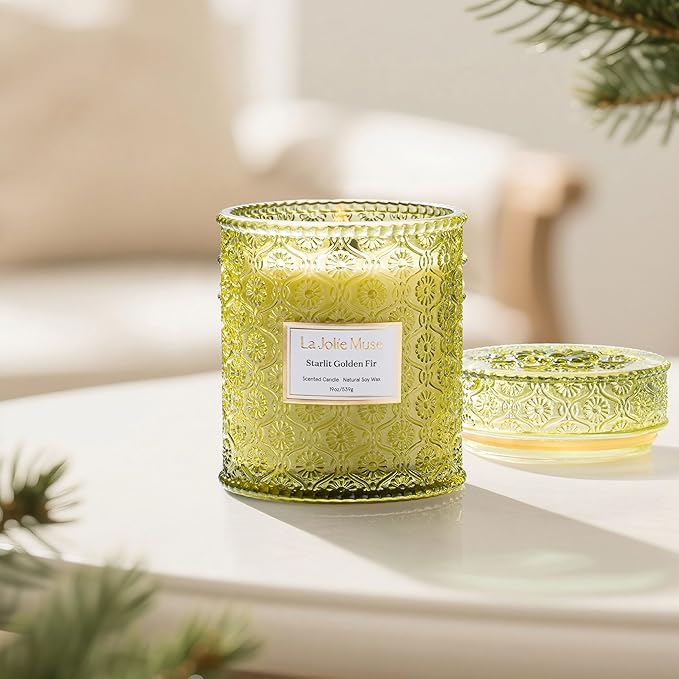 LA JOLIE MUSE Christmas Candles, Starlit Golden Fir Candle – Pine, Cedarwood, Fir Balsam | 19 oz Large Wooden Wick Candle | Natural Soy Wax | 90 Hours Clean Burn | Gift-Ready for Hosts & Gatherings - Bloomnest