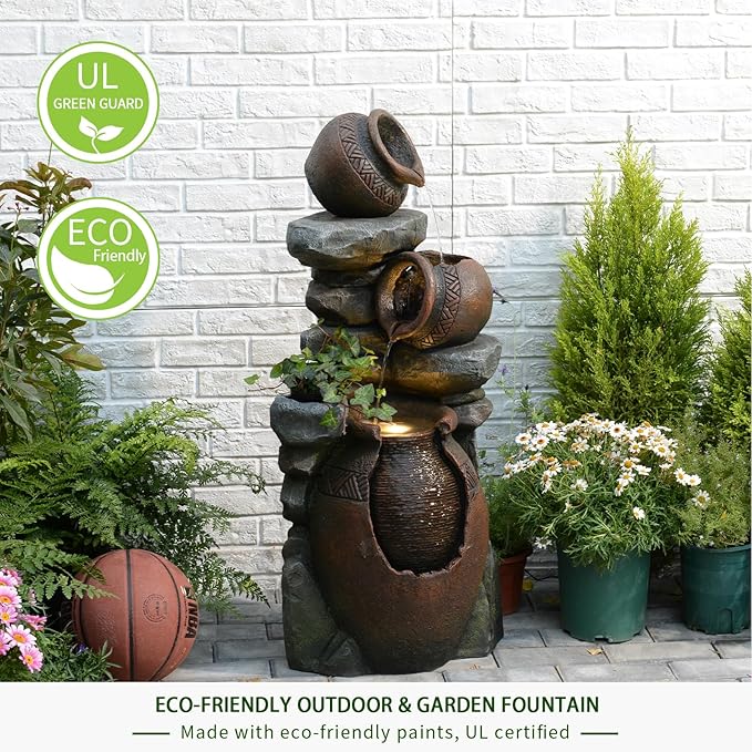 Garden Water Fountain Outdoor Decor - 38.4" 3 Tier Standing Cascading Waterfall Outdoor Water Fountain with LED Lights & Pumps,Natural Design for Garden,Patio, Porch, Backyard, Home Art Decor - Bloomnest