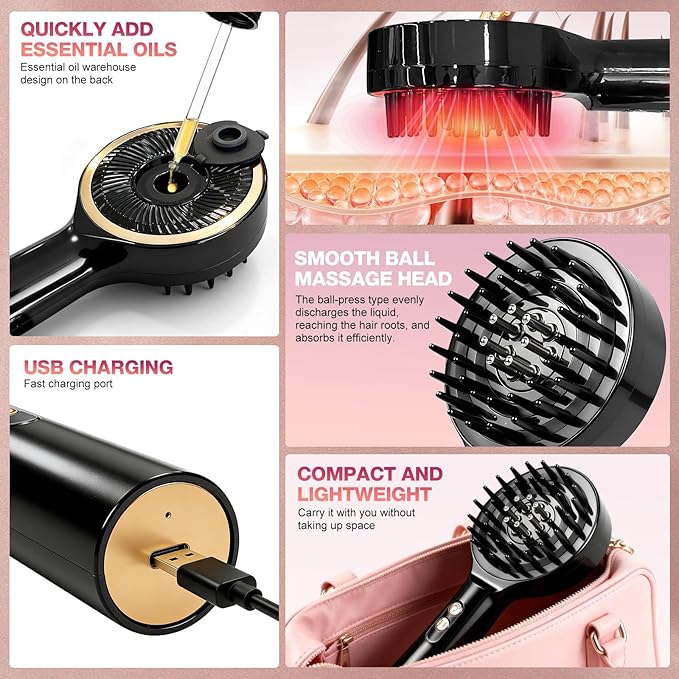 3 in 1 Scalp Massager Hair - 360° Hair Oil Applicator Electric Scalp Massager IPX7 Waterproof for Home & Travel (Black) Bloomnest