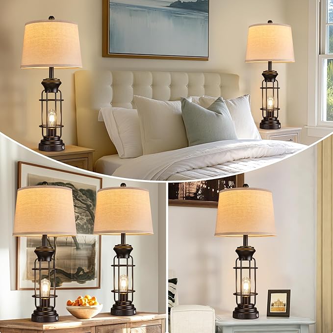 Black Table Lamps Set of 2, 28.5" Farmhouse Lamps for Living Room with USB C+A Ports, Touch Lamps for Bedroom, LED Bulbs Included - Bloomnest