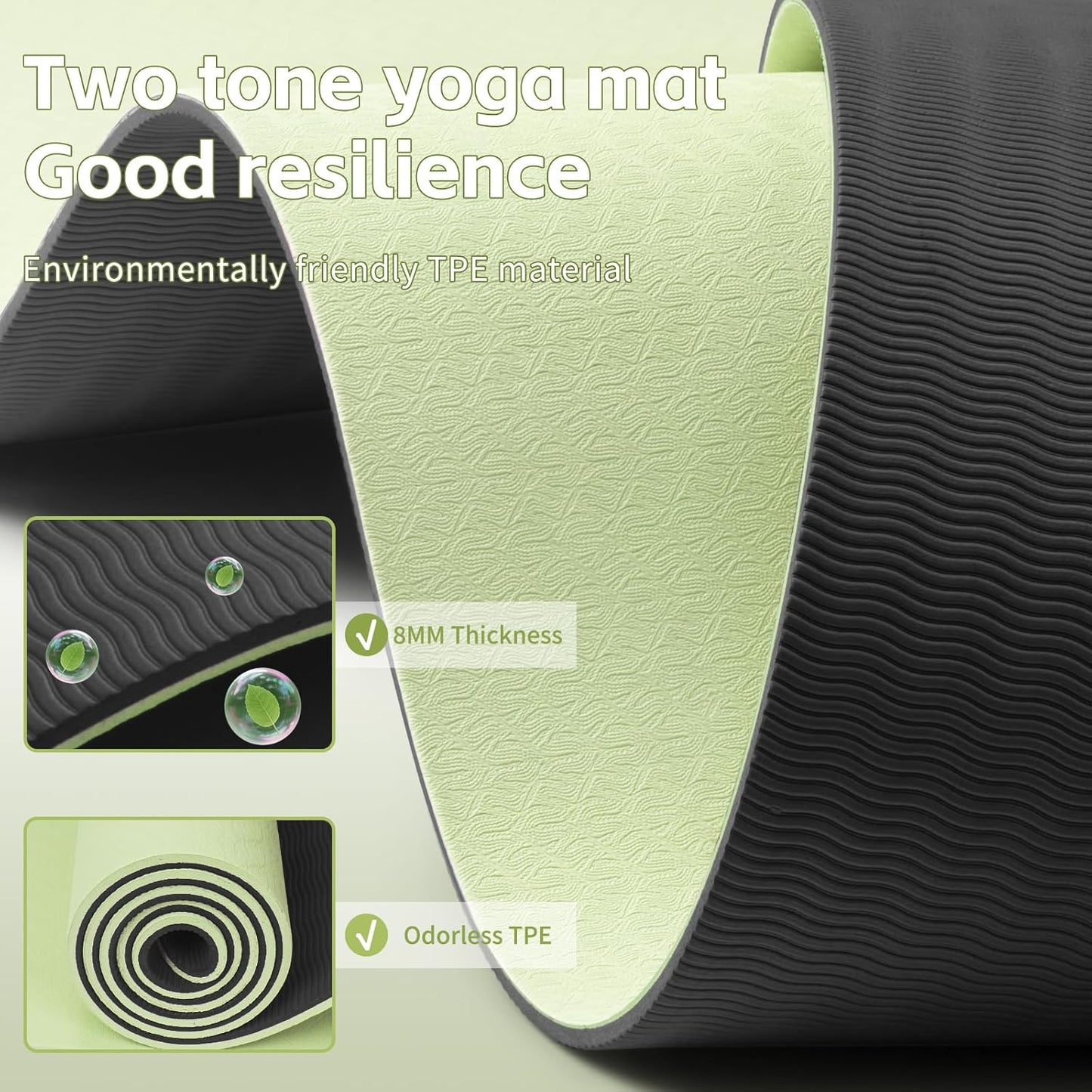 Yoga Mat 8mm Super Thick TPE Fitness Mat | SGS Certified | Non-Slip, Odorless & Tear-Resistant | Unisex with Strap | for Yoga, Pilates, Meditation & （Green&Black）