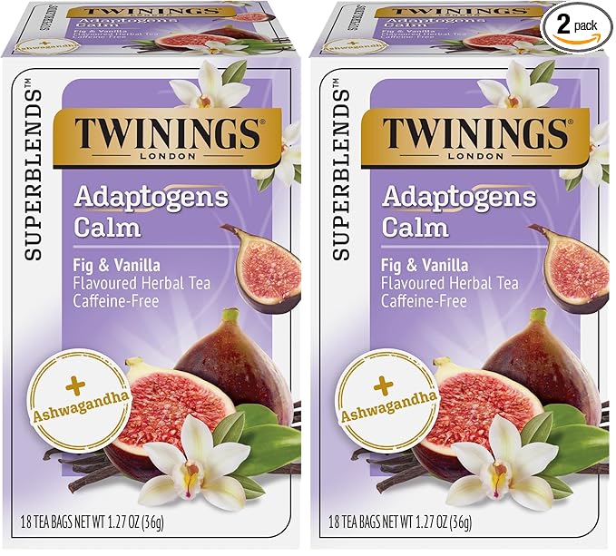 Twinings Superblends Adaptogens Calm with Ashwagandha Fig & Vanilla Flavoured Herbal Tea Caffeine-Free, 18 Tea Bags (Pack of 2), Enjoy Hot or Iced - Bloomnest