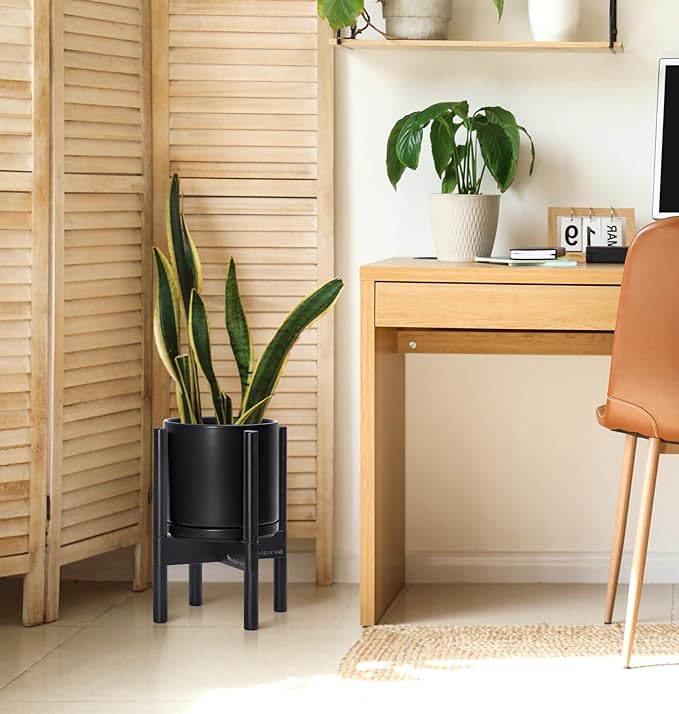 D'vine Dev Ceramic Planter with Ebony Stand - 8 Inch Modern Round Flower Pot with Wood Planter Holder, Black, 55-B-M-2 - Bloomnest