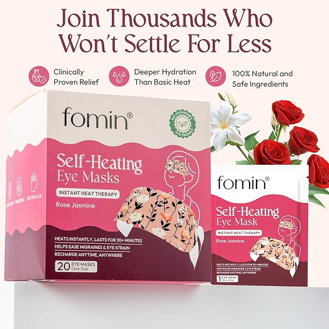 Fomin Self Heating Eye Mask - 20 Packs - Rose & Jasmine Heated Eye Mask Warm Compress for Eyes, Disposable Self Heating Steam Mask for Home, Sleep, Spa, Travel Essentials & Relaxation Gifts for Women