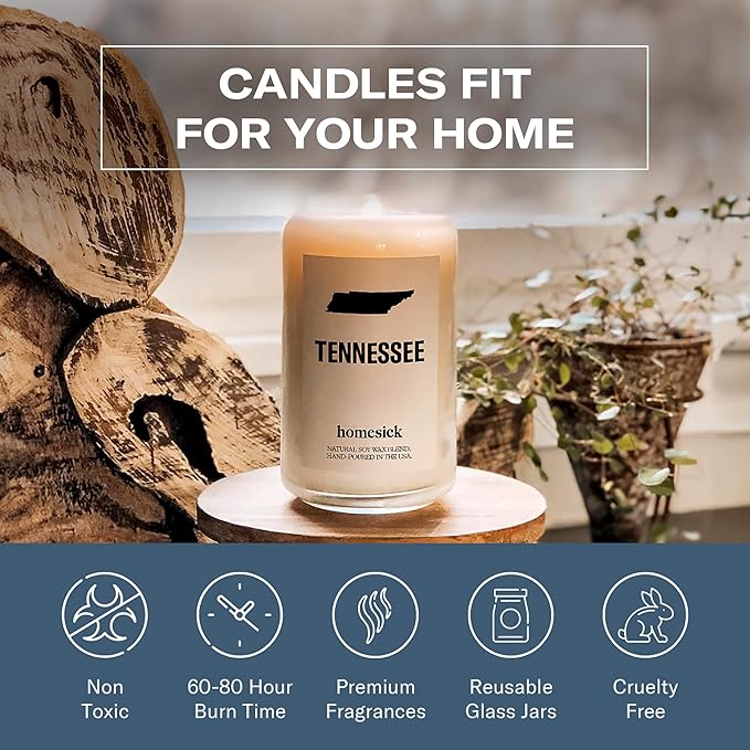 Homesick Scented Candles for Home (Tennessee) - 13.75 oz Long-Lasting Soy Wax Jar Candle for Women & Men for All Occasions, 60-80 Hours Burn Time - Notes of Patchouli, Sandalwood & Tonka Bean - Bloomnest