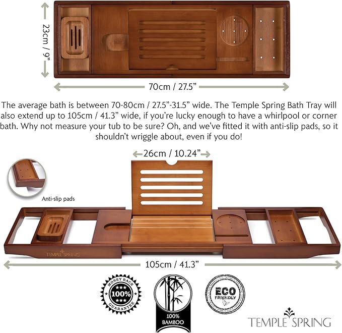 Temple Spring Wooden Bathtub Tray, Bamboo Bathroom Accessories, Bath Tray for Tub, at Home Spa Essentials, Board for Tub Table, Bath Caddy for Bathtub Accessories & Bathroom Essentials – Wood Brown - Bloomnest