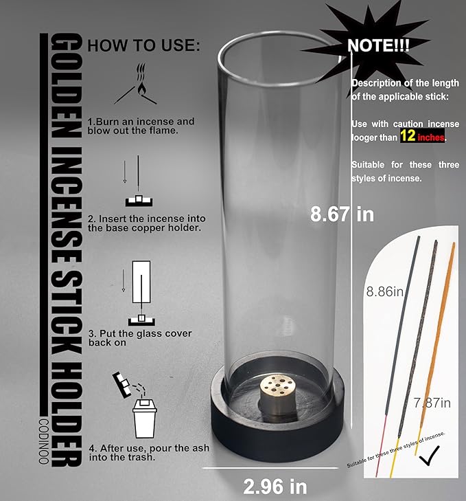 2 pcs Incense Holder for Sticks,Modern Incense Stick Holder with Glass Ash Catcher[Anti ash Flying], Incense Burner Holder,Zen Glass Incense Holder,for Spa Home Decor Yoga Meditation[Black] (2, Black) - Bloomnest