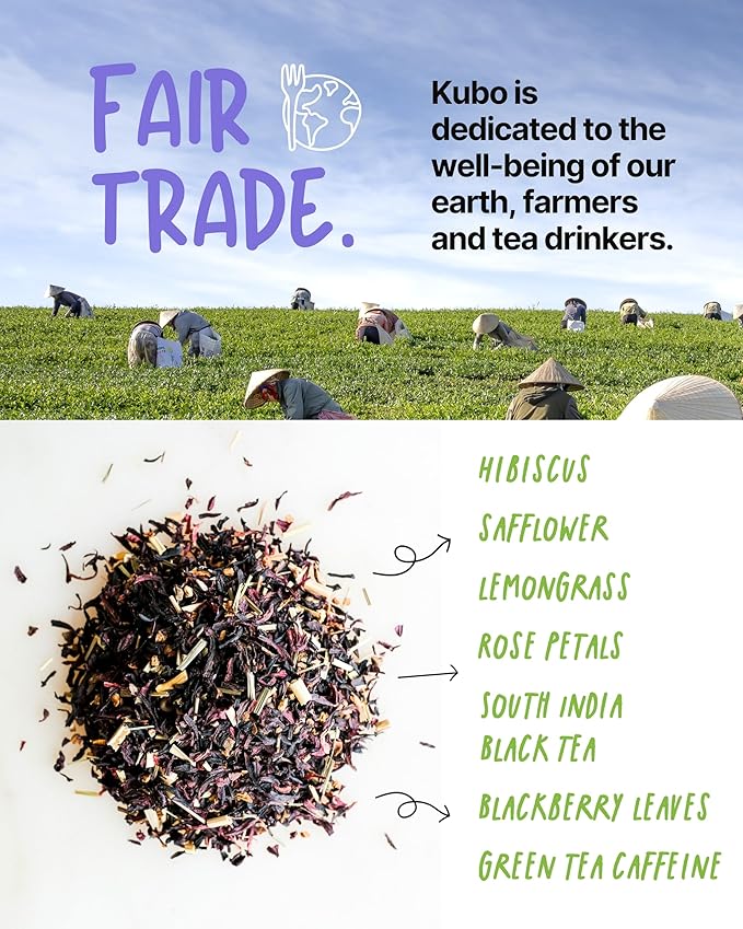 Kubo Tea Organic High Energy Iced Tea - High Caffeine Coffee Substitute with 20 Servings (155mg Caffeine each) - Pillow Tea Bags - Half & Half Lemonade Flavor w/Compostable & Biodegradable Packaging - Bloomnest
