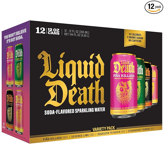 Liquid Death Soda-Flavored Sparkling Water - Modern Variety, Less Sugar*, Huge Flavor, No Caffeine, No Artificial Sweeteners, 4 Flavors: Lime, Orange, Strawberry, Piña Killada 12 Fl Oz (Pack of 12) - Bloomnest