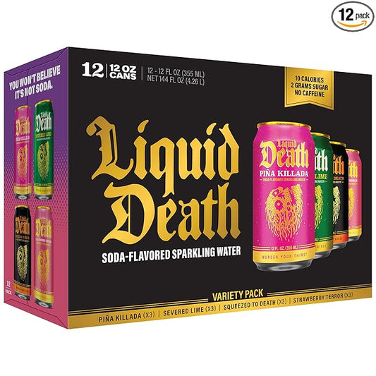 Liquid Death Soda-Flavored Sparkling Water - Modern Variety, Less Sugar*, Huge Flavor, No Caffeine, No Artificial Sweeteners, 4 Flavors: Lime, Orange, Strawberry, Piña Killada 12 Fl Oz (Pack of 12) - Bloomnest