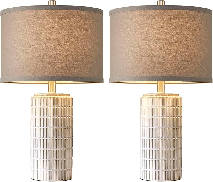 23" Set of 2 Ceramic Table Lamps, Farmhouse Bedside Lamp for Bedroom Living Room Nightstand Entryway, Side Table Lamps Modern Desk Lamp, 2 LED Bulbs Included (Gray) - Bloomnest