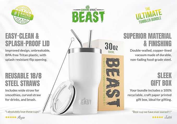 BEAST Insulated Coffee Mug – 900 ml I Arctic White I Stainless Steel I Reusable, Insulated Cups I 2 Straws and Cleaning Brush, Double Walled Travel Coffee Thermos I Hot or Iced Coffee - Bloomnest