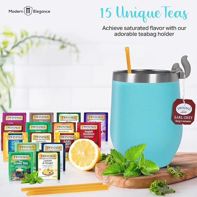 Birthday Gift Set with Stainless Tumbler, 15 Assorted Teas, 10 Honey Straws, Tea Tongs, Scented Candle and Greeting Card in Ready-to-Gift Box (Teal - Birthday Card) - Bloomnest